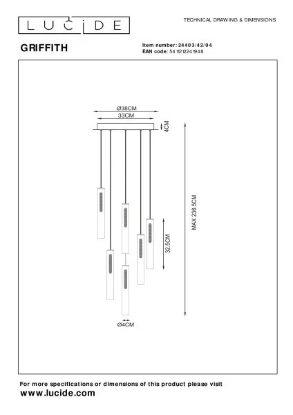 Lucide Premium GRIFFITH - Hanglamp - Ø 38 cm - LED Dimb. - CCT - 6x6W 2700K/4000K - Brons - technisch